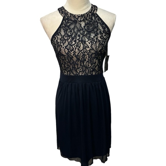 Enfocus Studio Dresses & Skirts - Enfocus Studio Blue Halter Top Sheer Lace Fit and Flare Cocktail Dress Size 4